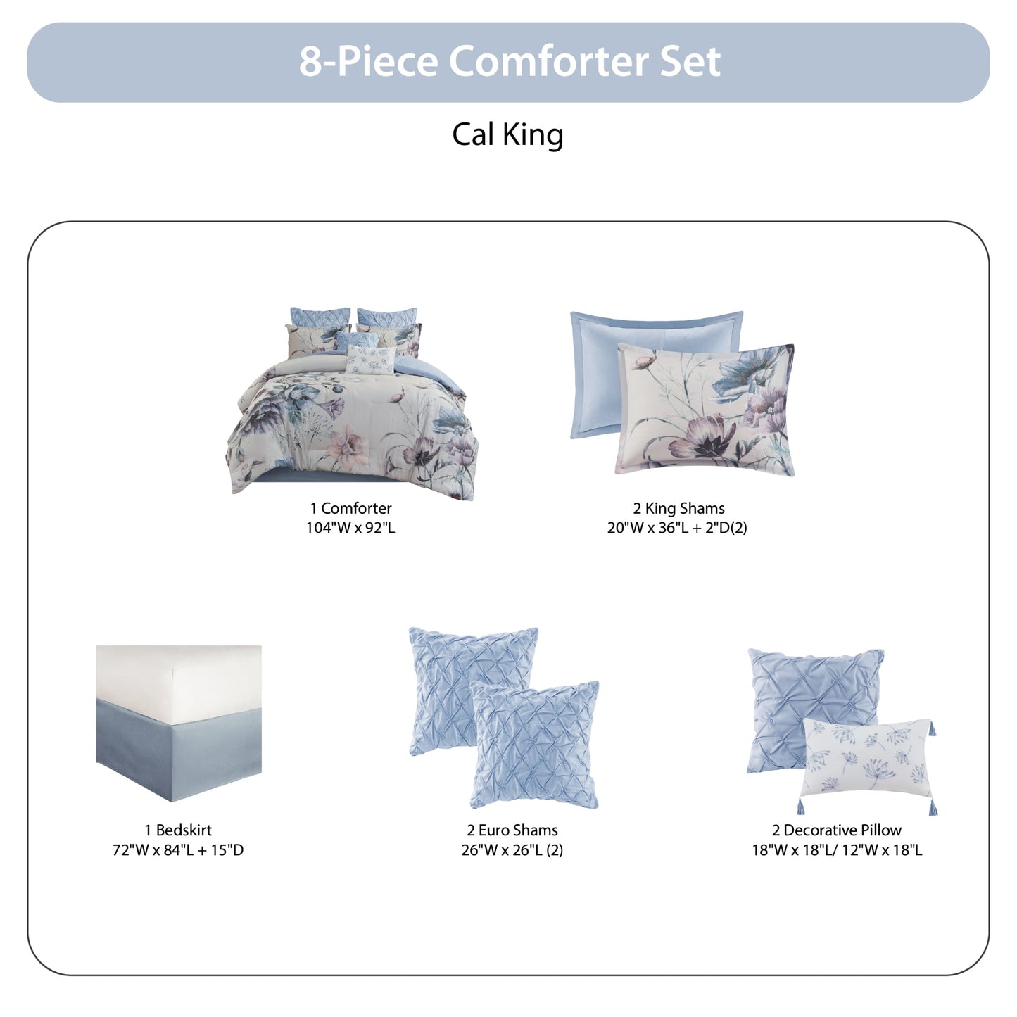 8 Piece Blue Floral Comforter Set, Cotton Comforter Bed in A Bag with Bedskirt
