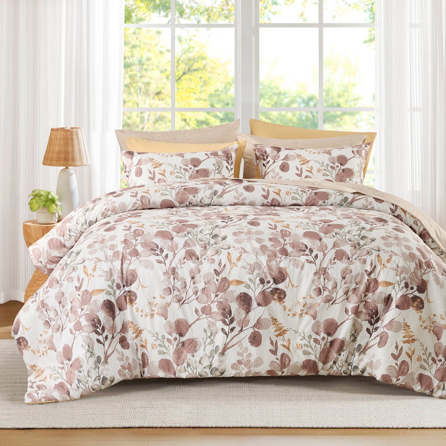 Seersucker Comforter Set with Sheets, Botanical Bed in A Bag