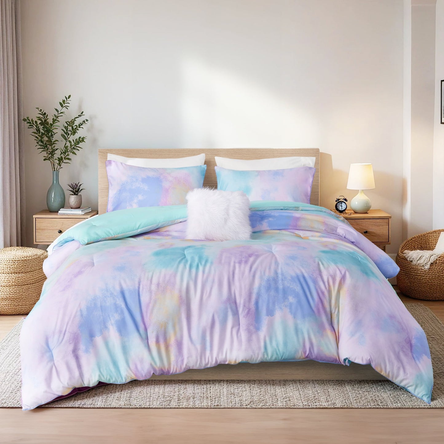 4 Piece Watercolor Tie Dye Printed Bedding Set, Comforter Set with Throw Pillow