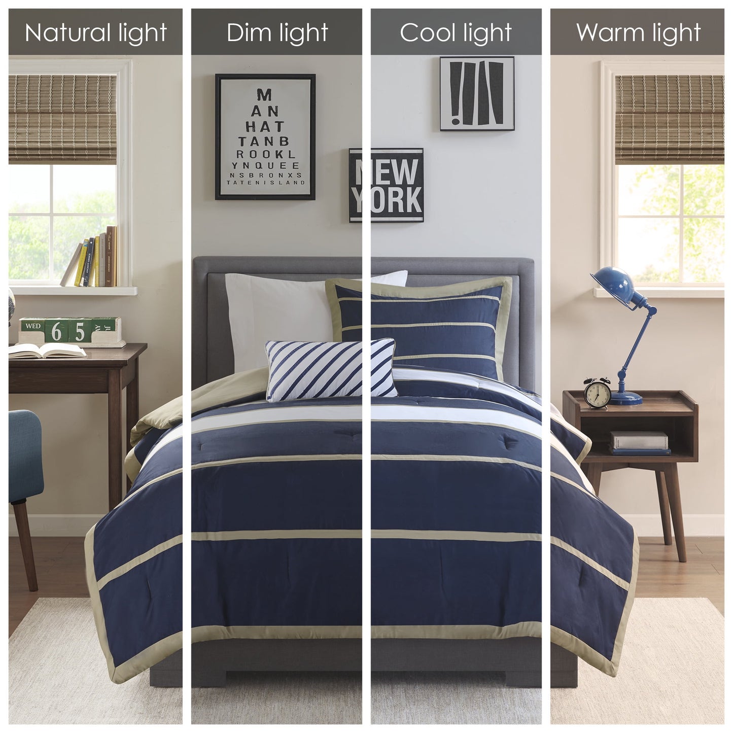 4-Piece Striped Child Comforter Set with Decor Pillow, All Season Boy Bedding Set, Khaki/Navy
