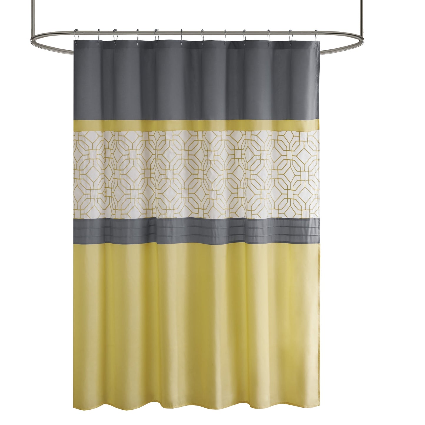 Embroidered Geometric Shower Curtain, Pintucked Pieced Pattern with Bold Color Blocking