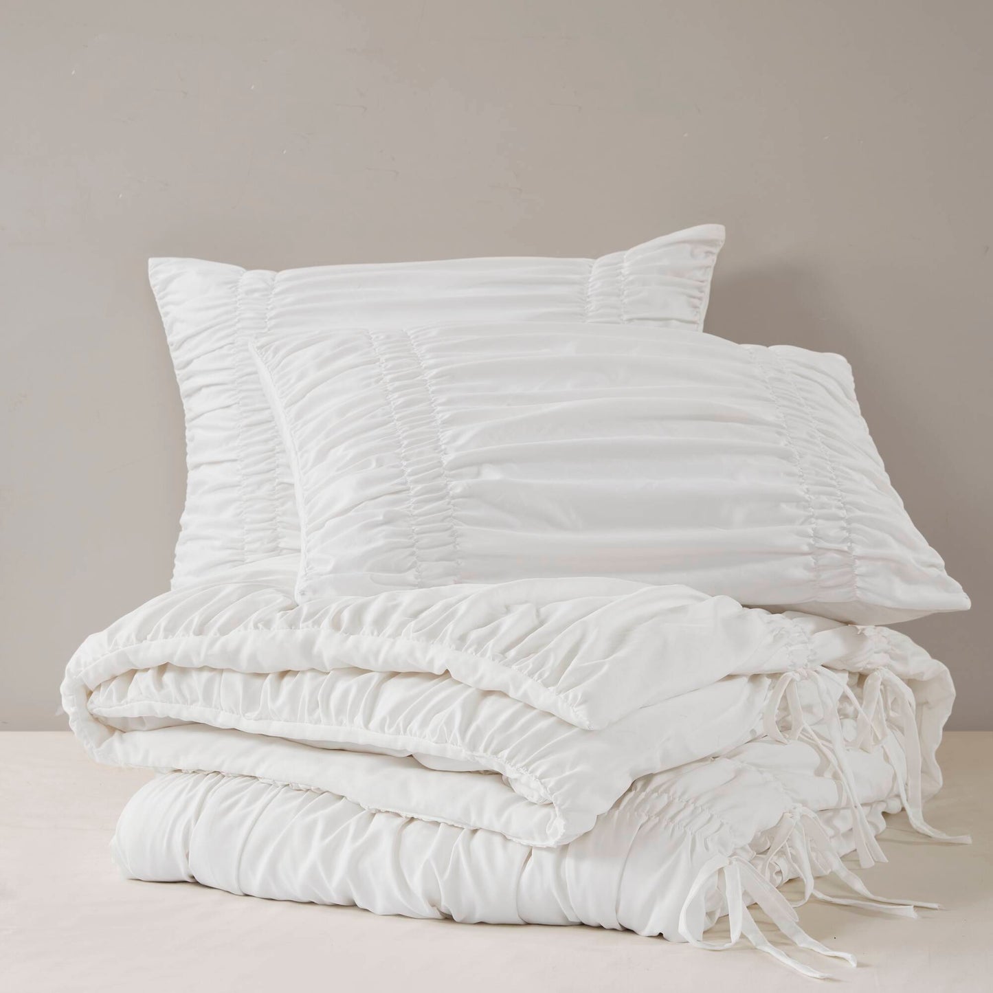 Romantic French Country Ruched Plush Comforter Set with Bow Ties