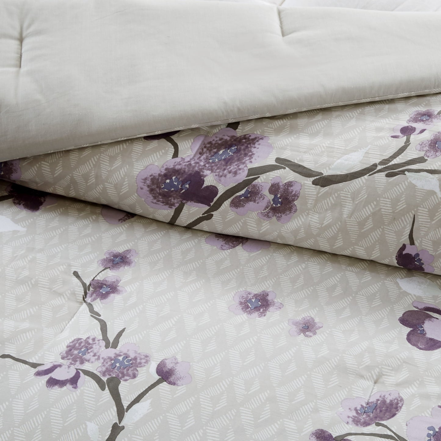 8 Piece Floral Comforter Set, Cotton Comforter Bed in A Bag with Bedskirt, Purple/Taupe