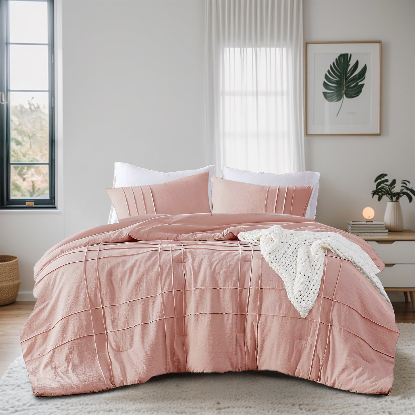 3-Piece Floral Puffy Bow Tie Bedding Set, Pink Comforter Set with Sham