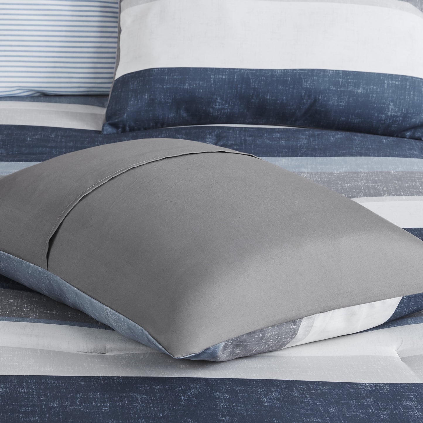 7 Piece Stripe Comforter Set, Bed in a Bag Bedding Set with Flat Sheet and Fitted Sheet, Blue Grey
