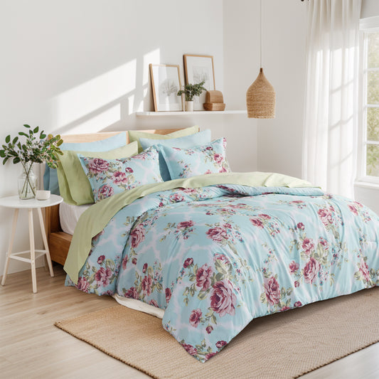 Floral Comforter Bedding Sets with Sheets and Side Pockets