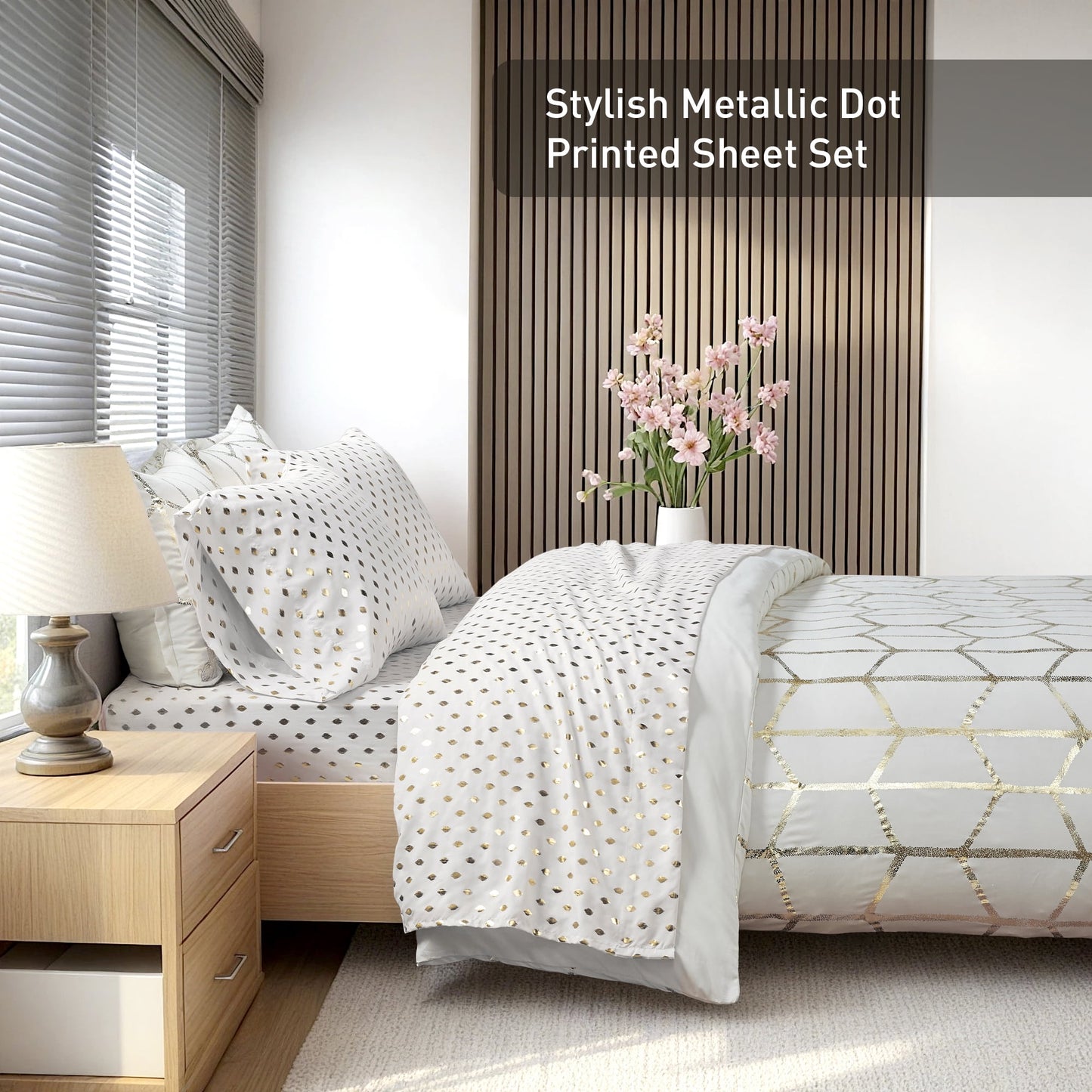 4-Piece Bed Sheets with Pillowcase, Metallic Polka Dots Printed Sheet Bedding Sets for Kids