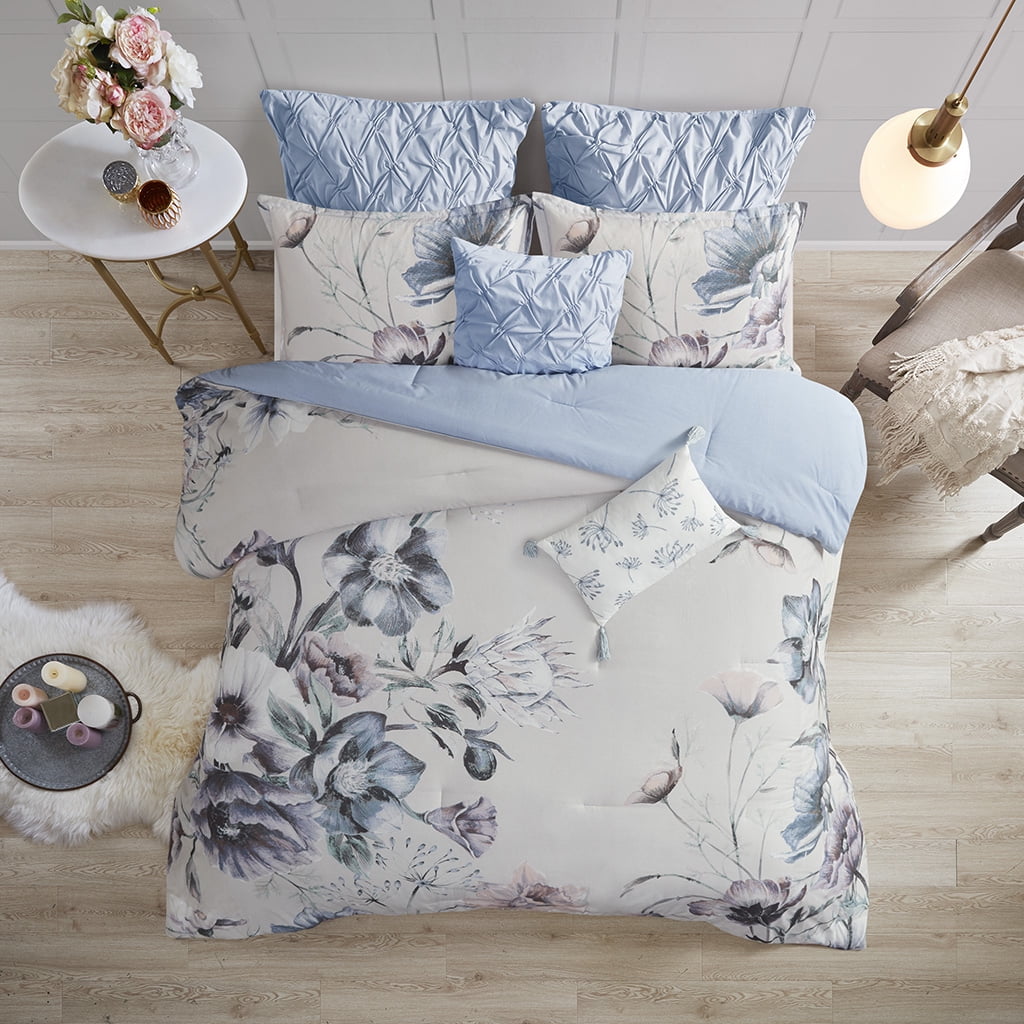 8 Piece Blue Floral Comforter Set, Cotton Comforter Bed in A Bag with Bedskirt