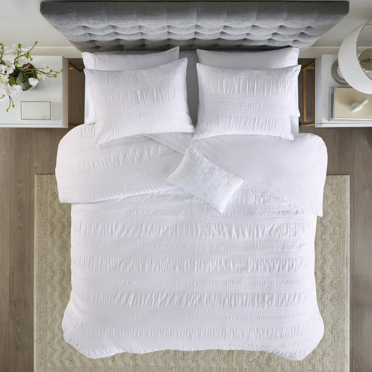 4 Piece Cotton Seersucker Duvet Cover Set, King/Cal King, White