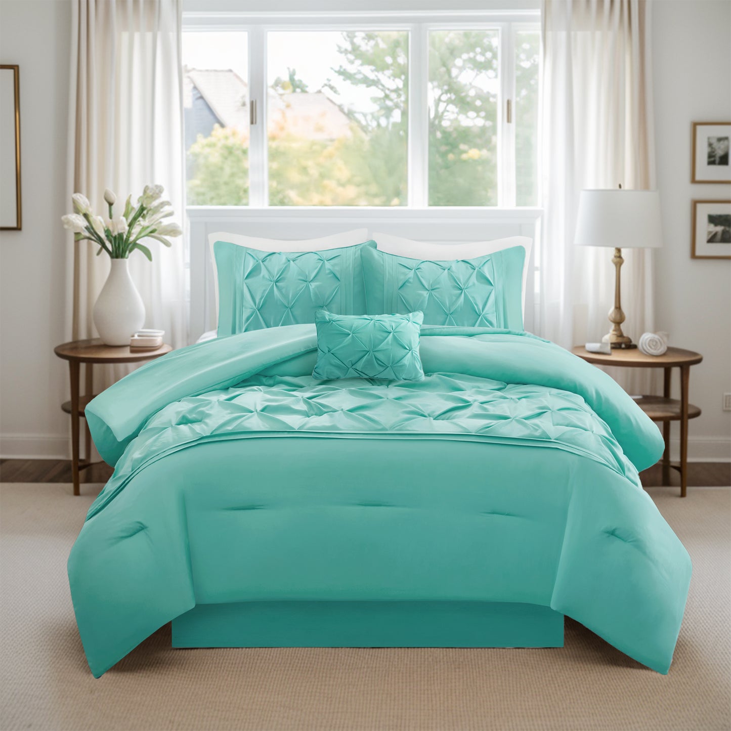 Pintuck Faux Silk Comforter Set with Bed Skirt and Decor Pillow
