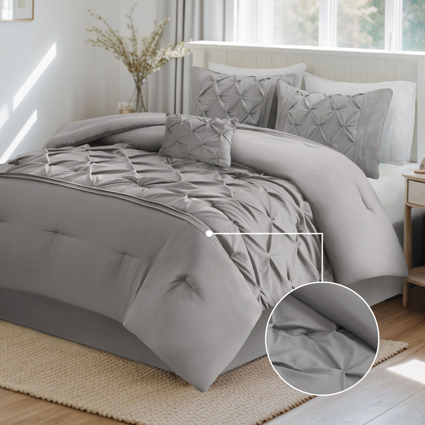 Pintuck Faux Silk Comforter Set with Bed Skirt and Decor Pillow