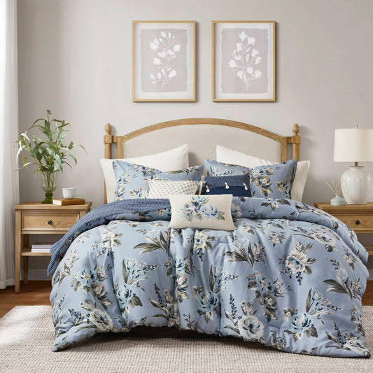 7 Piece Vintage Floral Reversible Comforter Set with Striped Reverse