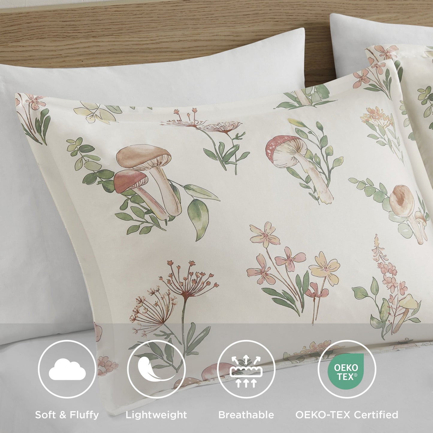 4 Piece Mushroom Garden Printed Bedding Set, Green Floral Comforter Set