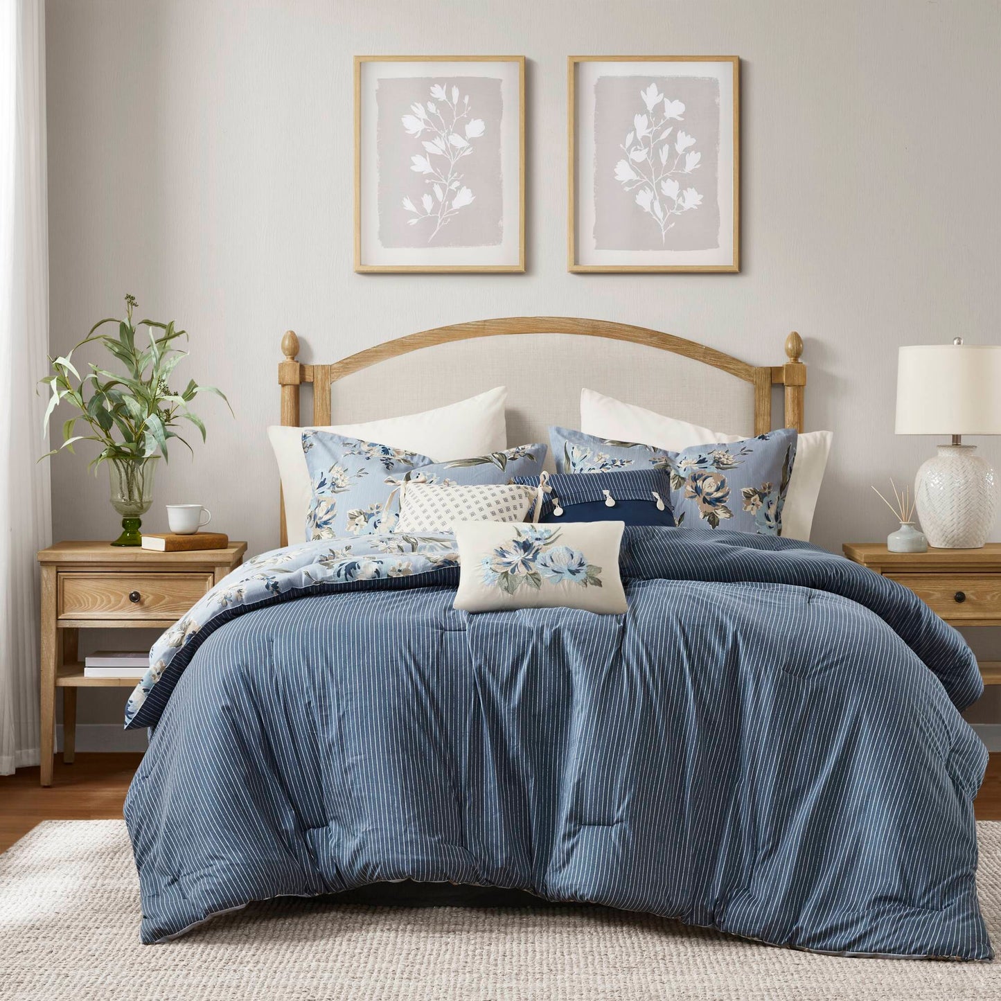 7 Piece Vintage Floral Reversible Comforter Set with Striped Reverse