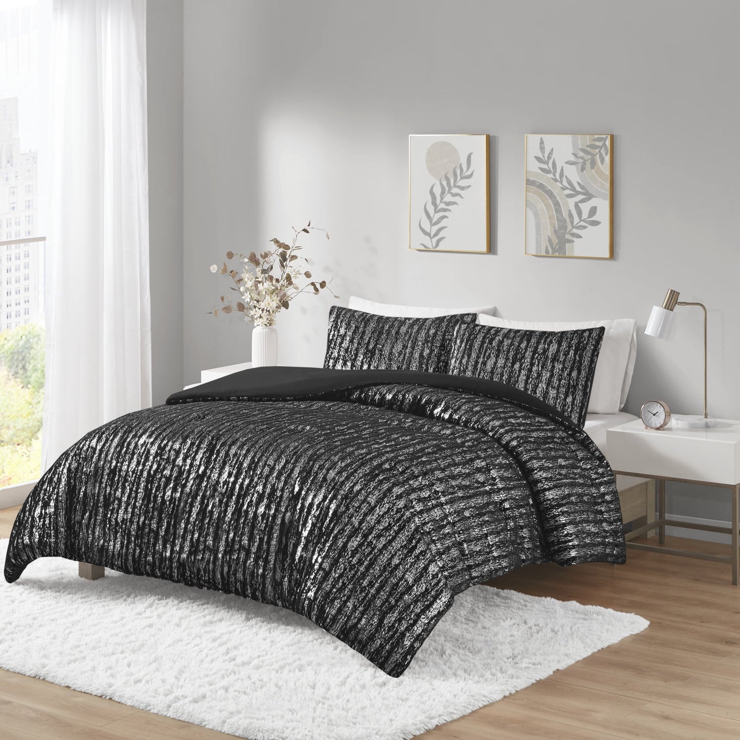 Metallic Print Faux Fur Duvet Cover Set