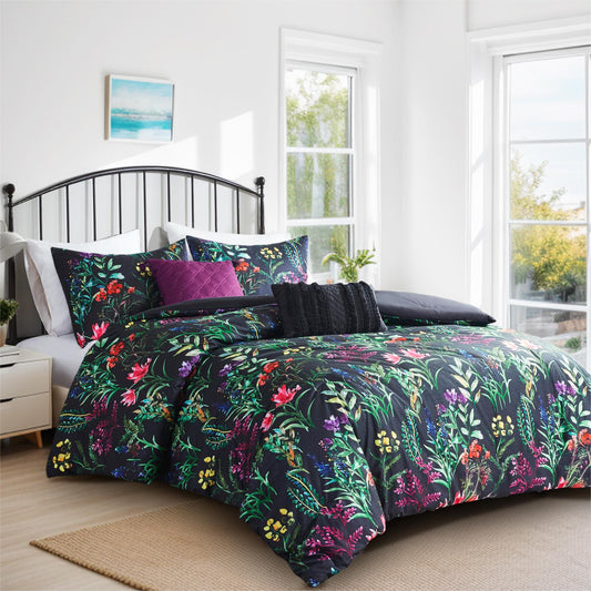 Botanical Bedding Set with Decor Pillow Black