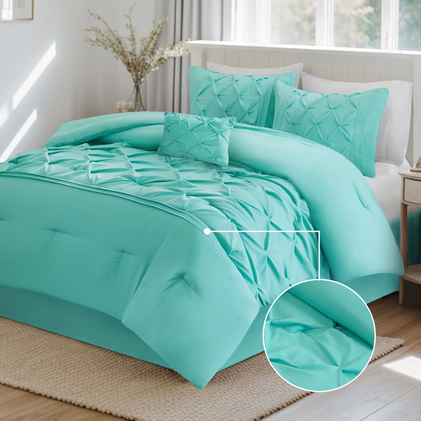 Pintuck Faux Silk Comforter Set with Bed Skirt and Decor Pillow