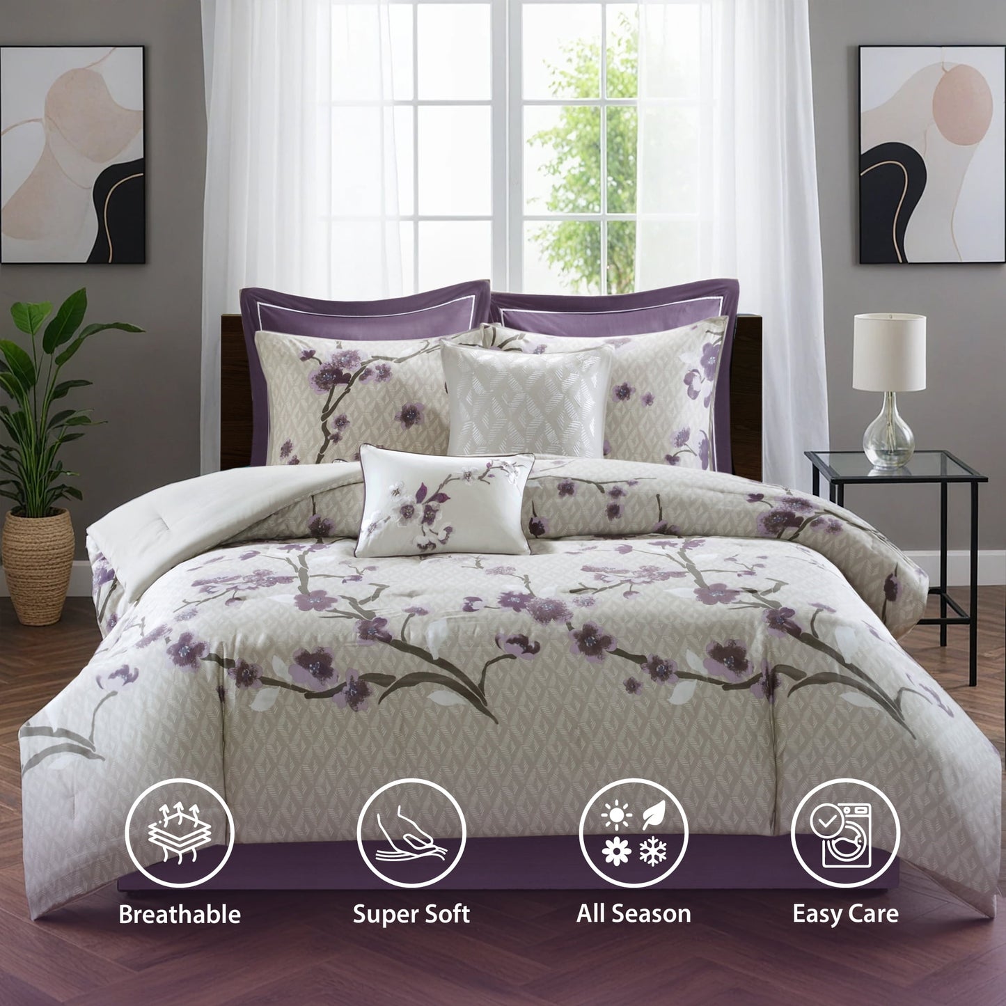8 Piece Floral Comforter Set, Cotton Comforter Bed in A Bag with Bedskirt, Purple/Taupe