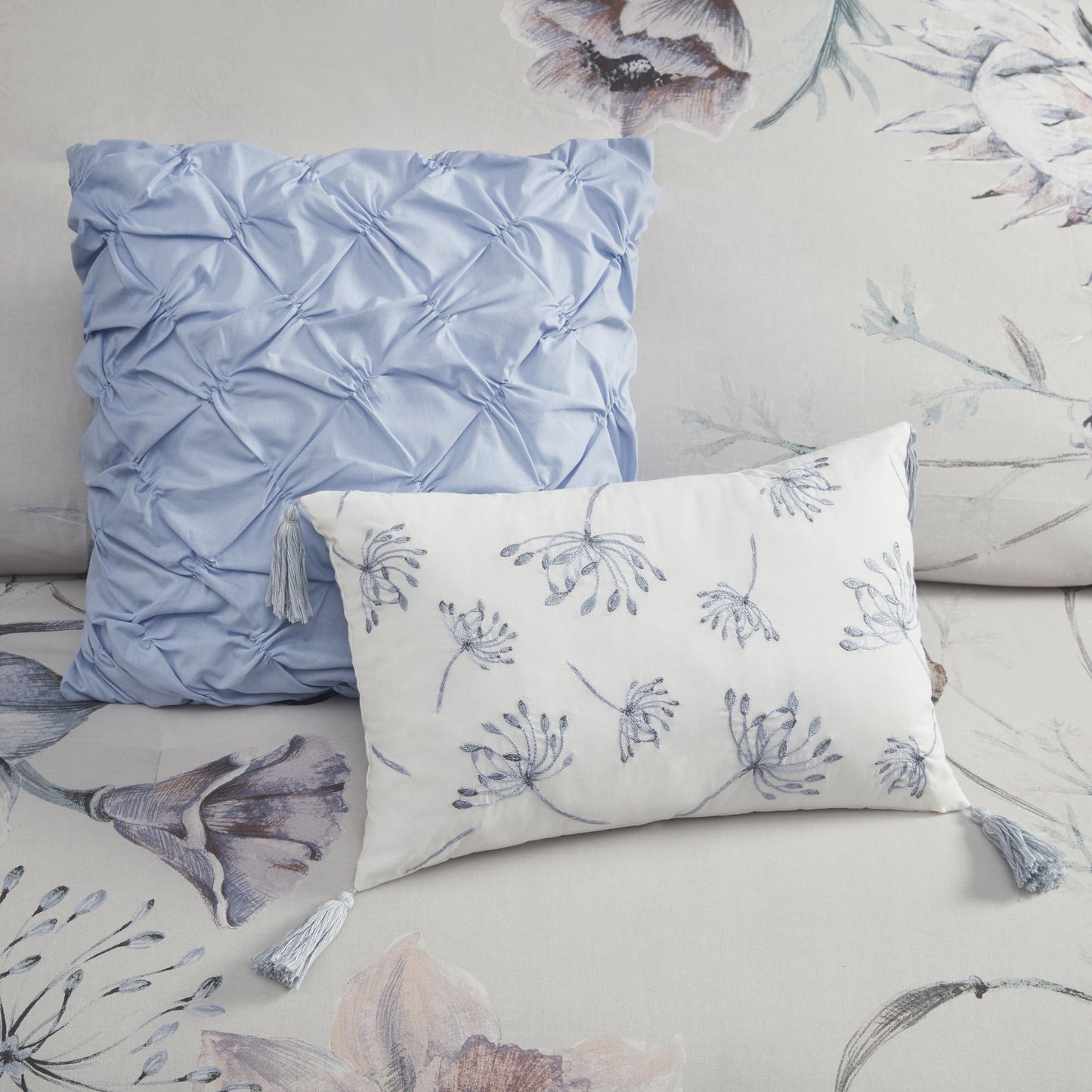 8 Piece Blue Floral Comforter Set, Cotton Comforter Bed in A Bag with Bedskirt