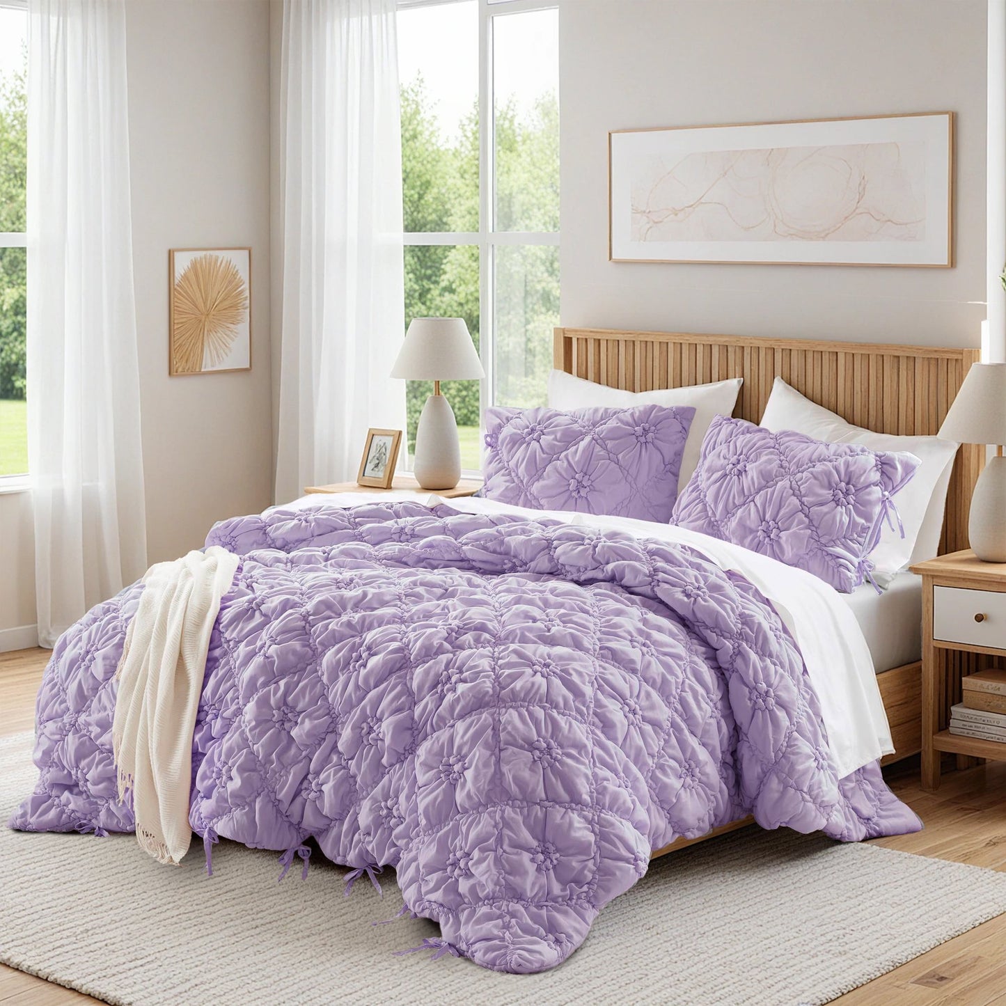 Floral Puffy Bow Tie Bedding Set, Comforter Set with Sham