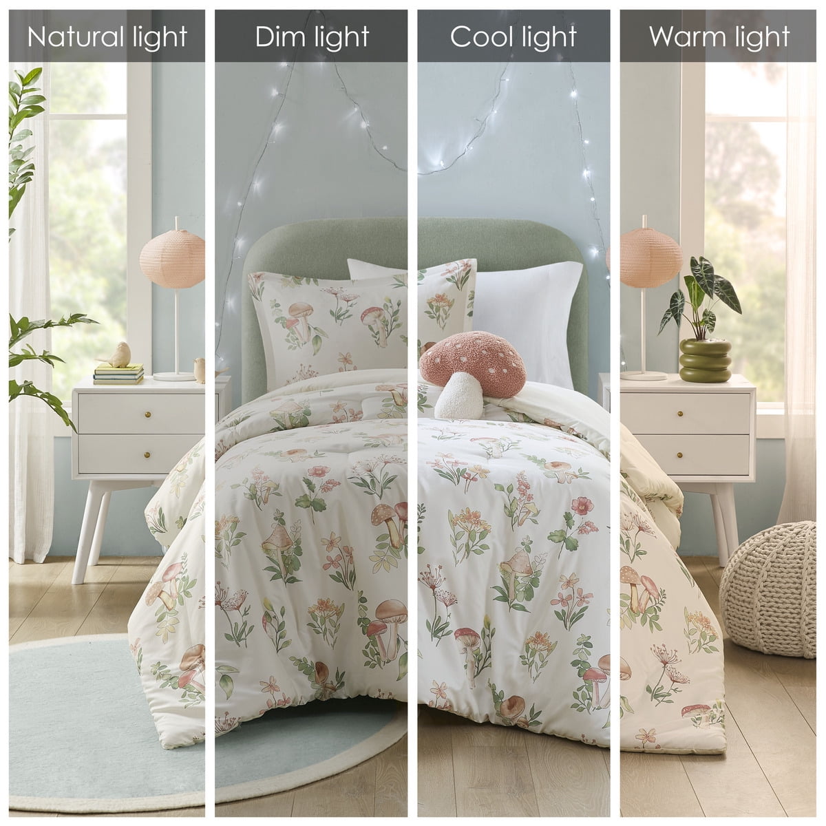 4 Piece Mushroom Garden Printed Bedding Set, Green Floral Comforter Set