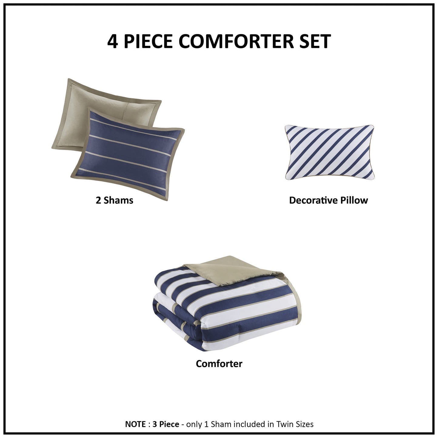 4-Piece Striped Child Comforter Set with Decor Pillow, All Season Boy Bedding Set, Khaki/Navy