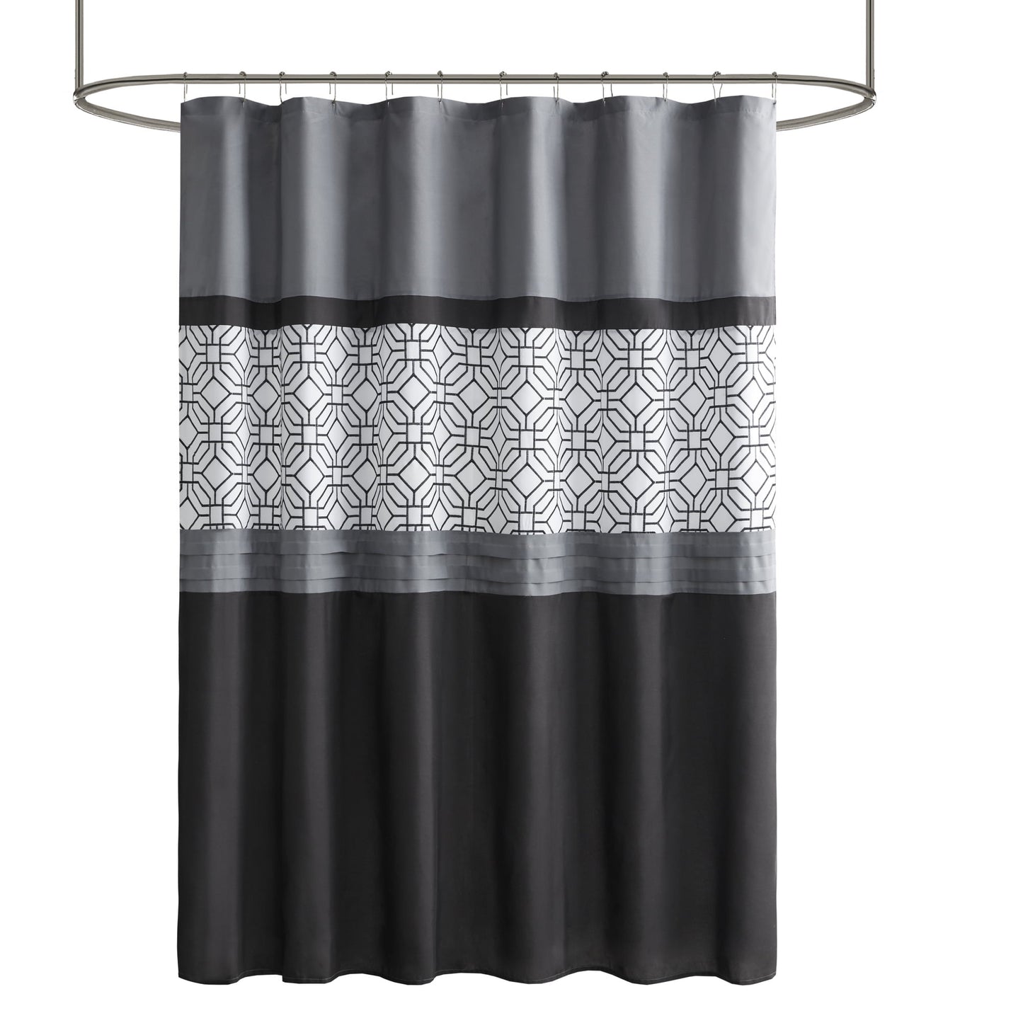 Embroidered Geometric Shower Curtain, Pintucked Pieced Pattern with Bold Color Blocking