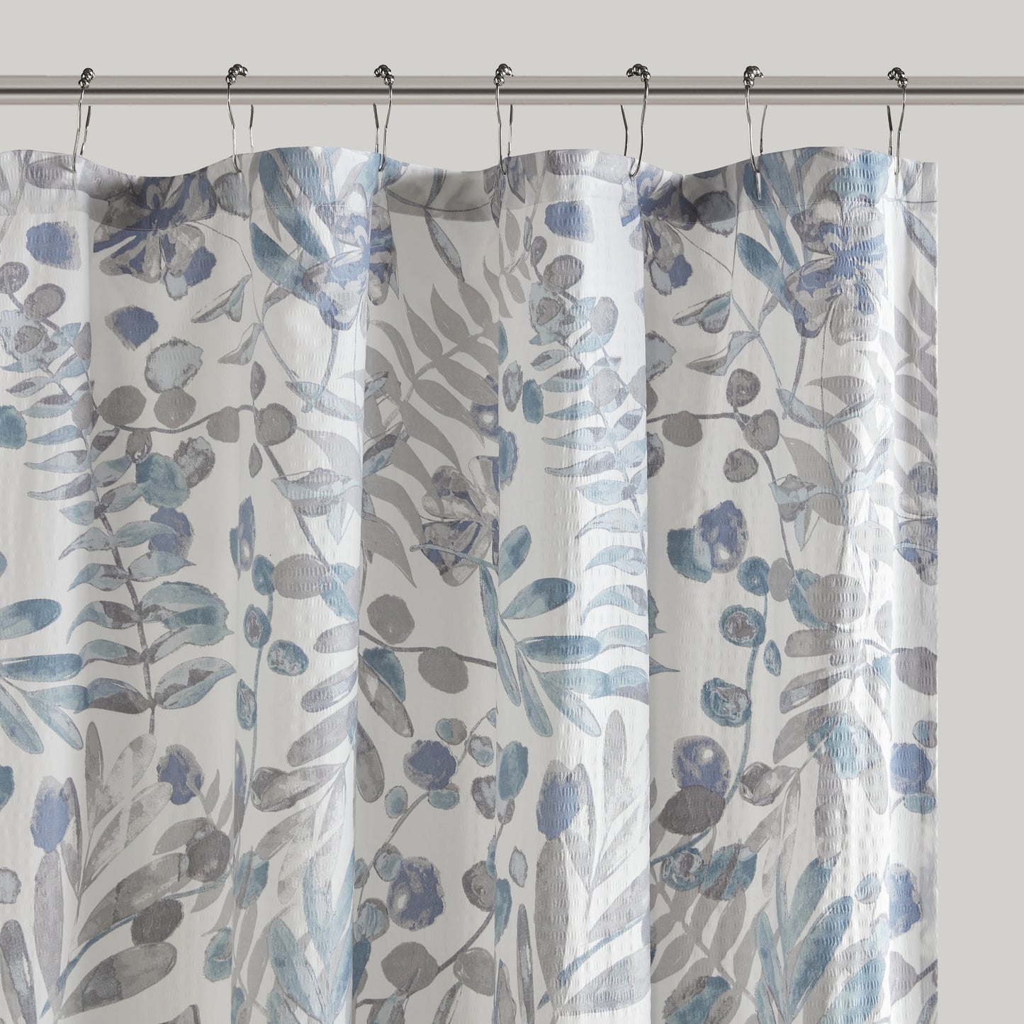 Blue Floral Shower Curtain with 12 Button Holes, Seersucker, 72" x 72"