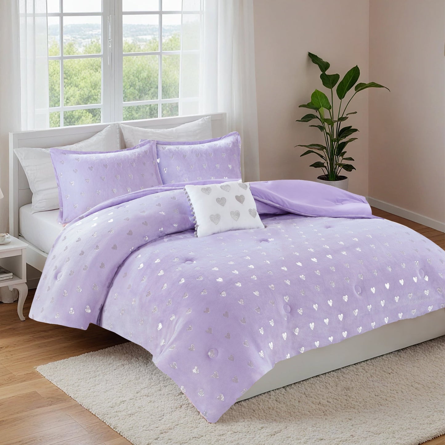 4-Piece Kids Comforter Set, Metallic Printed Plush Dorm Comforter Bedding Set