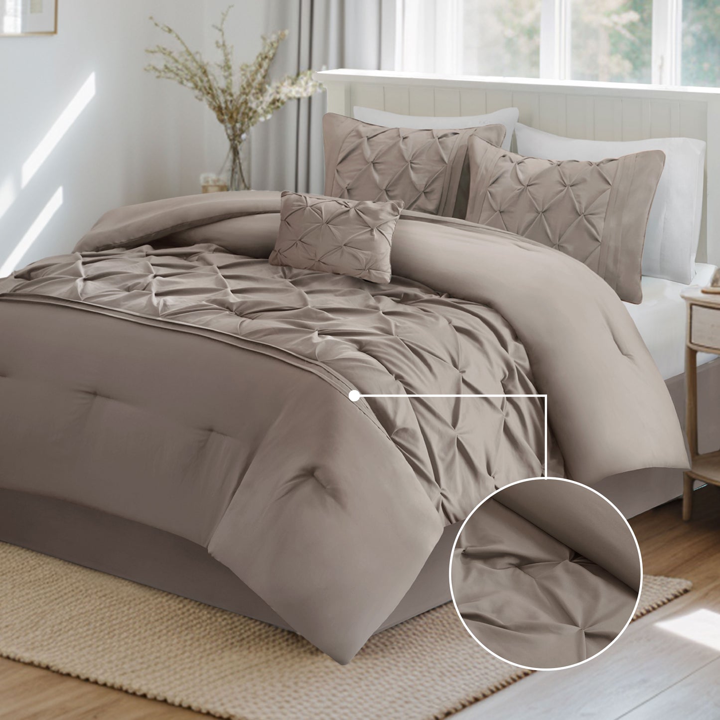 Pintuck Faux Silk Comforter Set with Bed Skirt and Decor Pillow