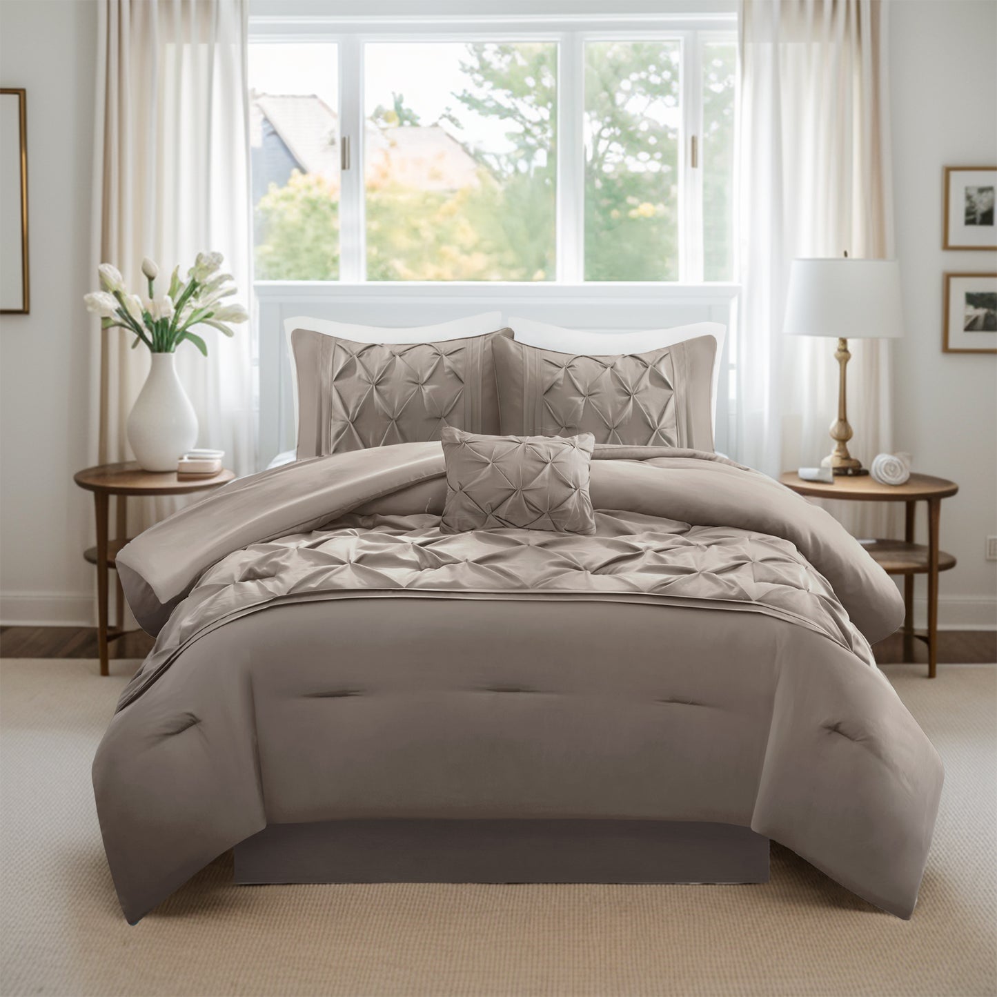 Pintuck Faux Silk Comforter Set with Bed Skirt and Decor Pillow
