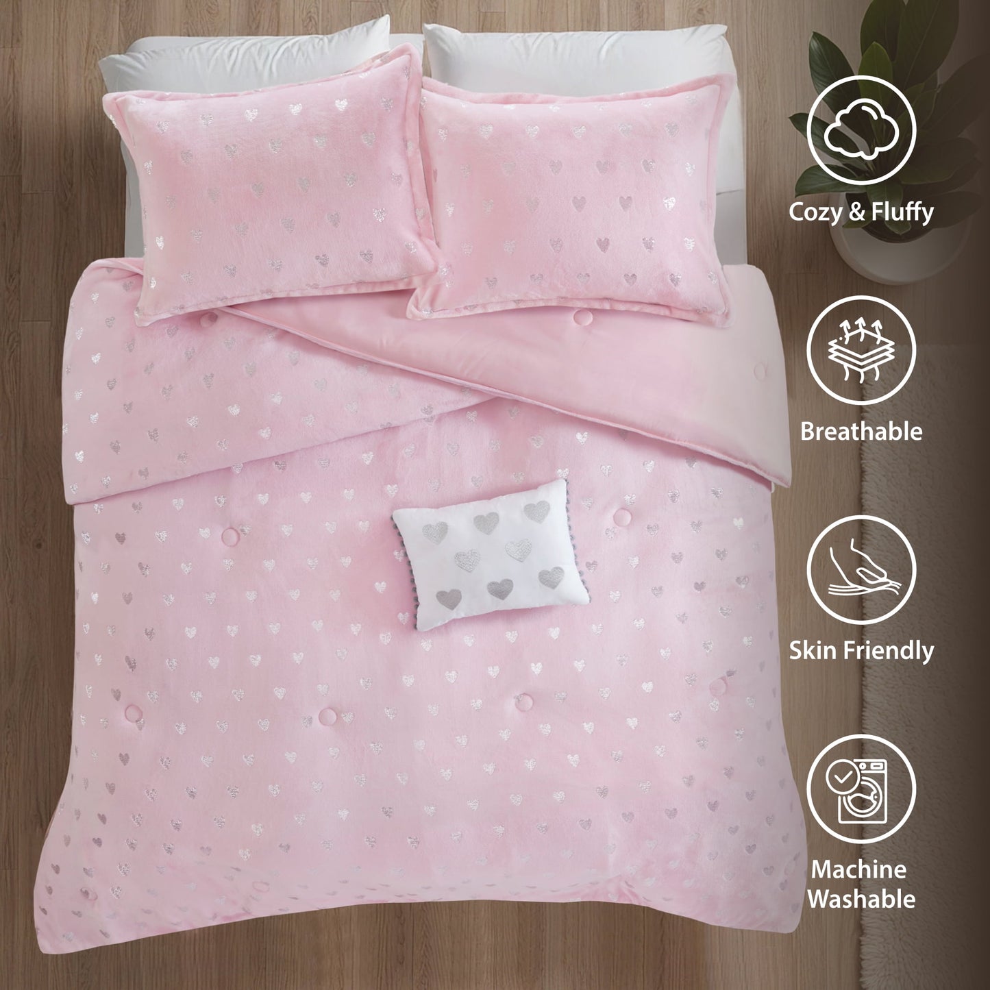 4-Piece Kids Comforter Set, Metallic Printed Plush Dorm Comforter Bedding Set