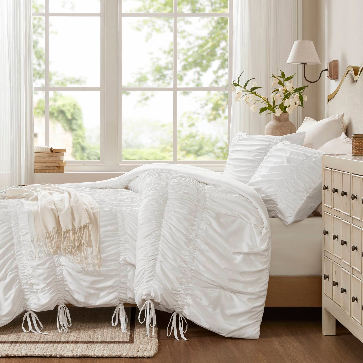 Romantic French Country Ruched Plush Comforter Set with Bow Ties
