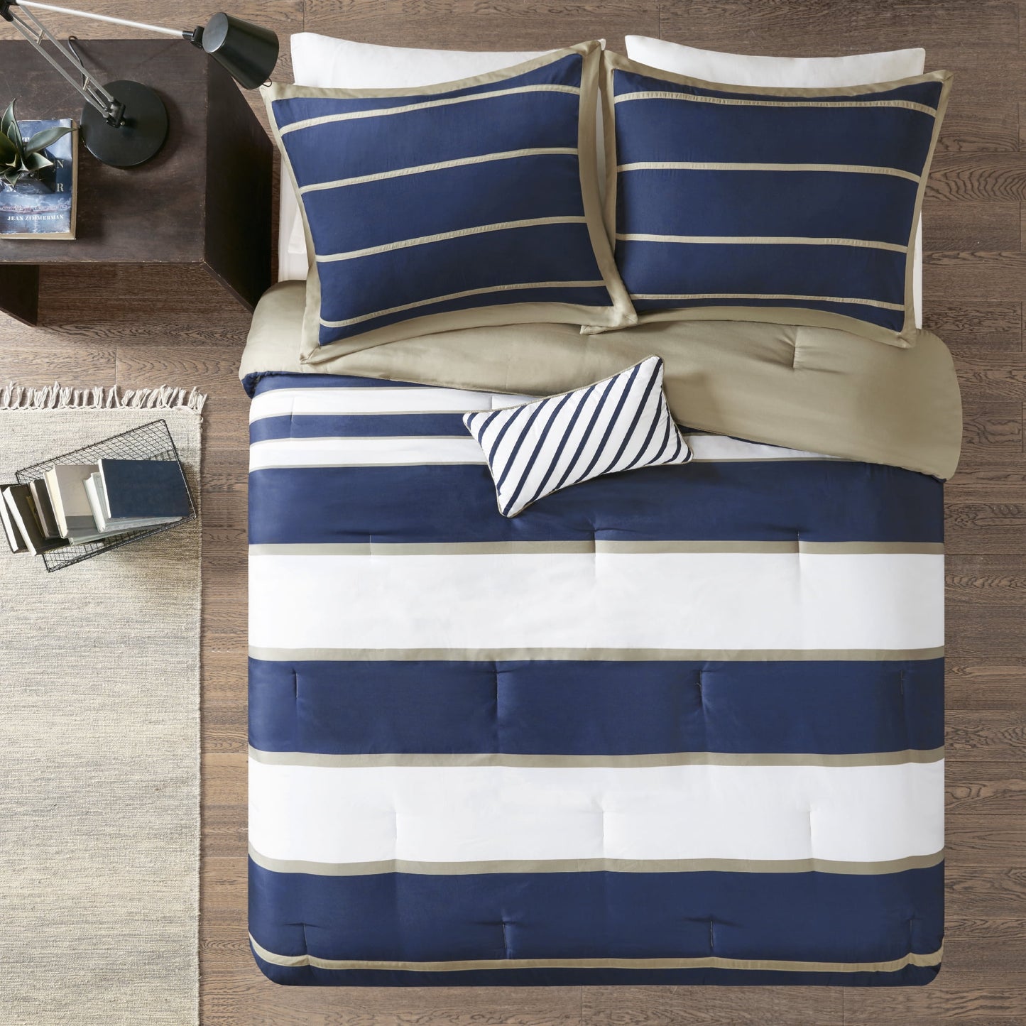 4-Piece Striped Child Comforter Set with Decor Pillow, All Season Boy Bedding Set, Khaki/Navy