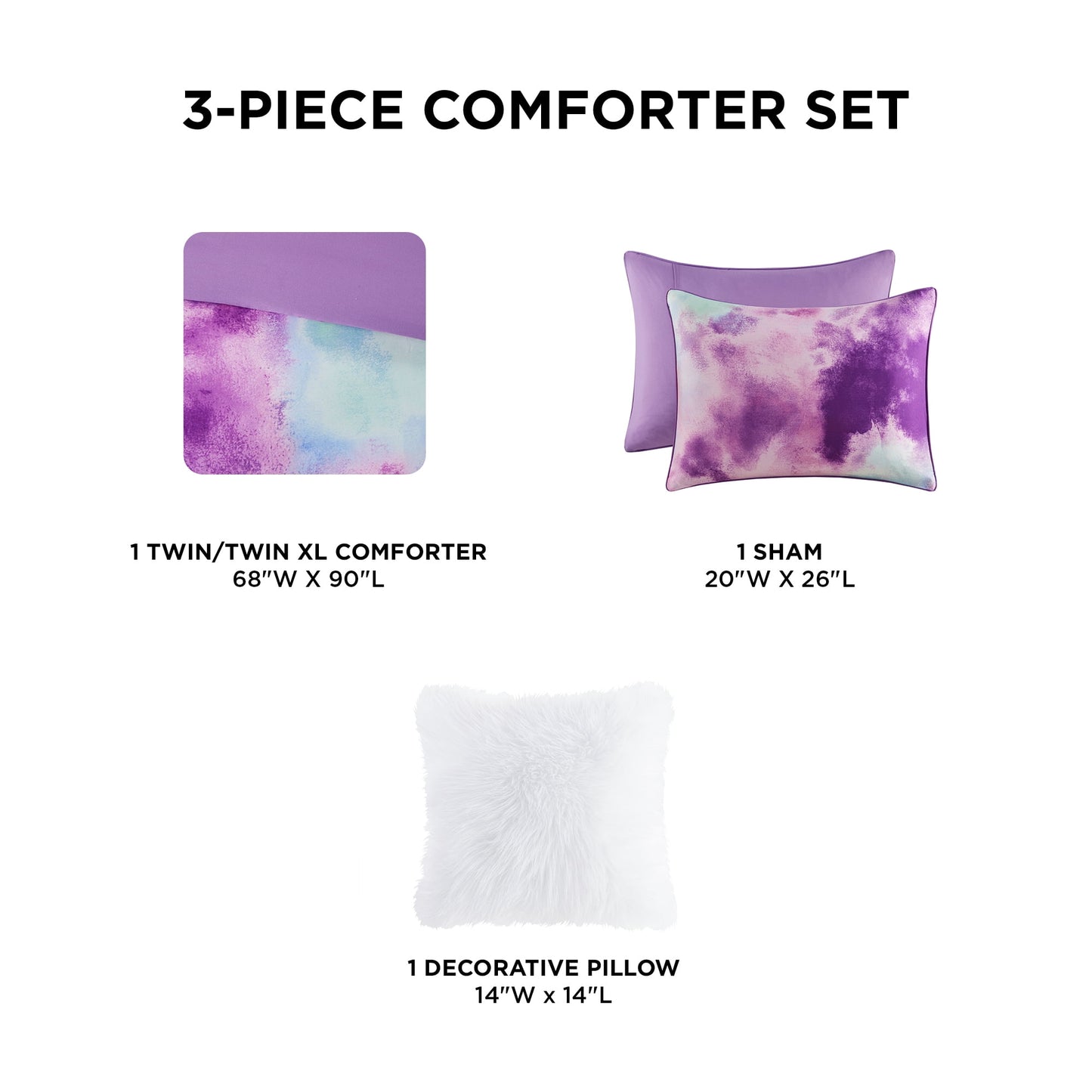 4 Piece Watercolor Tie Dye Printed Bedding Set, Comforter Set with Throw Pillow