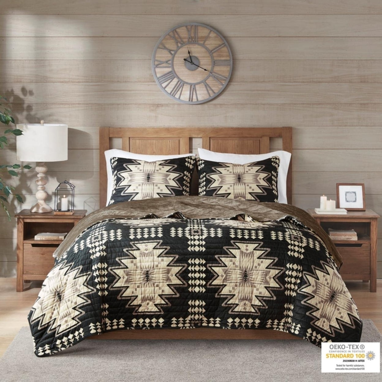 Aztec Print Plush Coverlet Set with Tan and Black