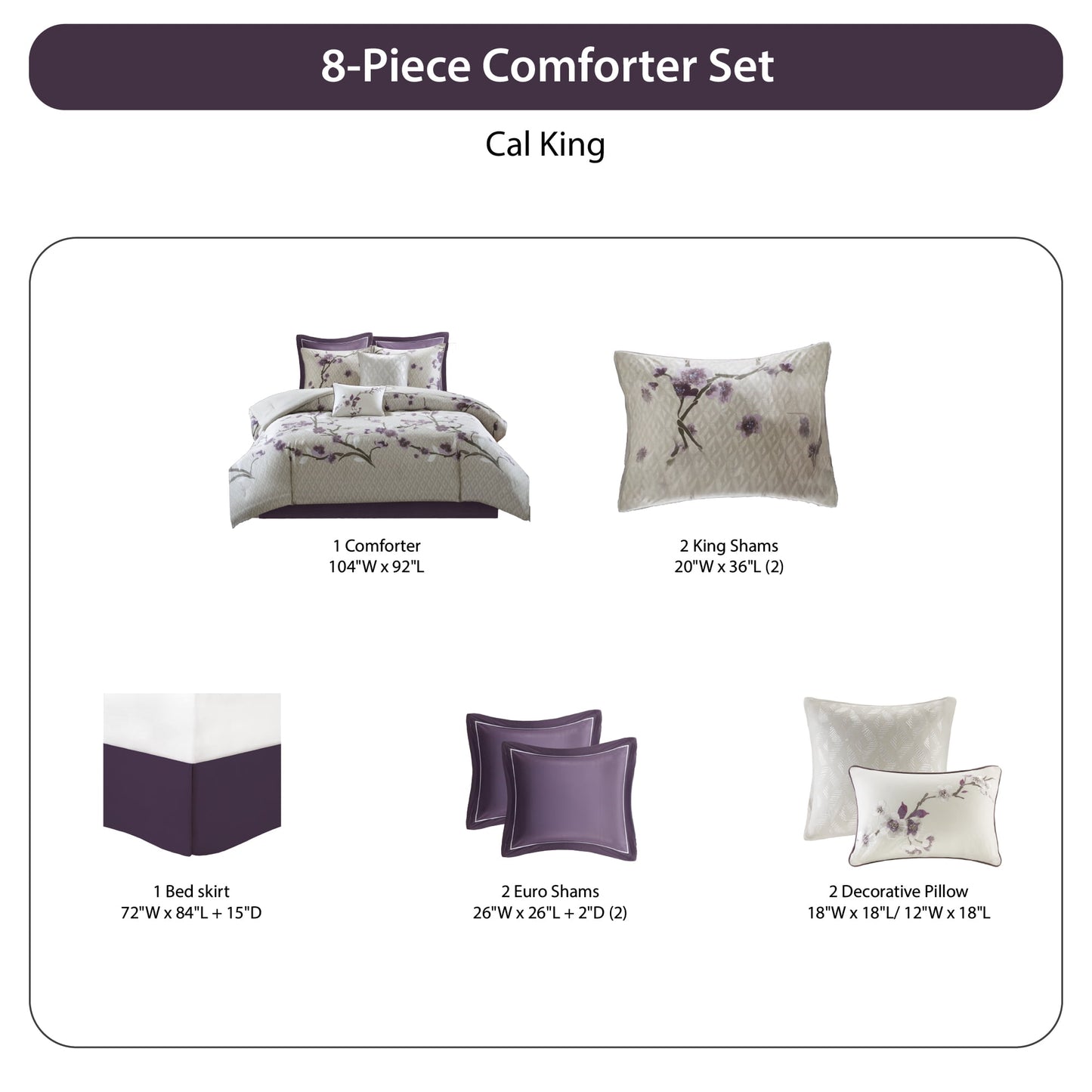 8 Piece Floral Comforter Set, Cotton Comforter Bed in A Bag with Bedskirt, Purple/Taupe