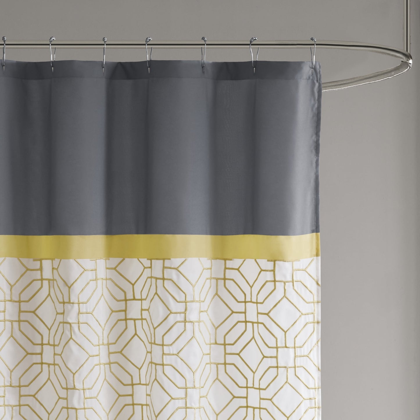 Embroidered Geometric Shower Curtain, Pintucked Pieced Pattern with Bold Color Blocking