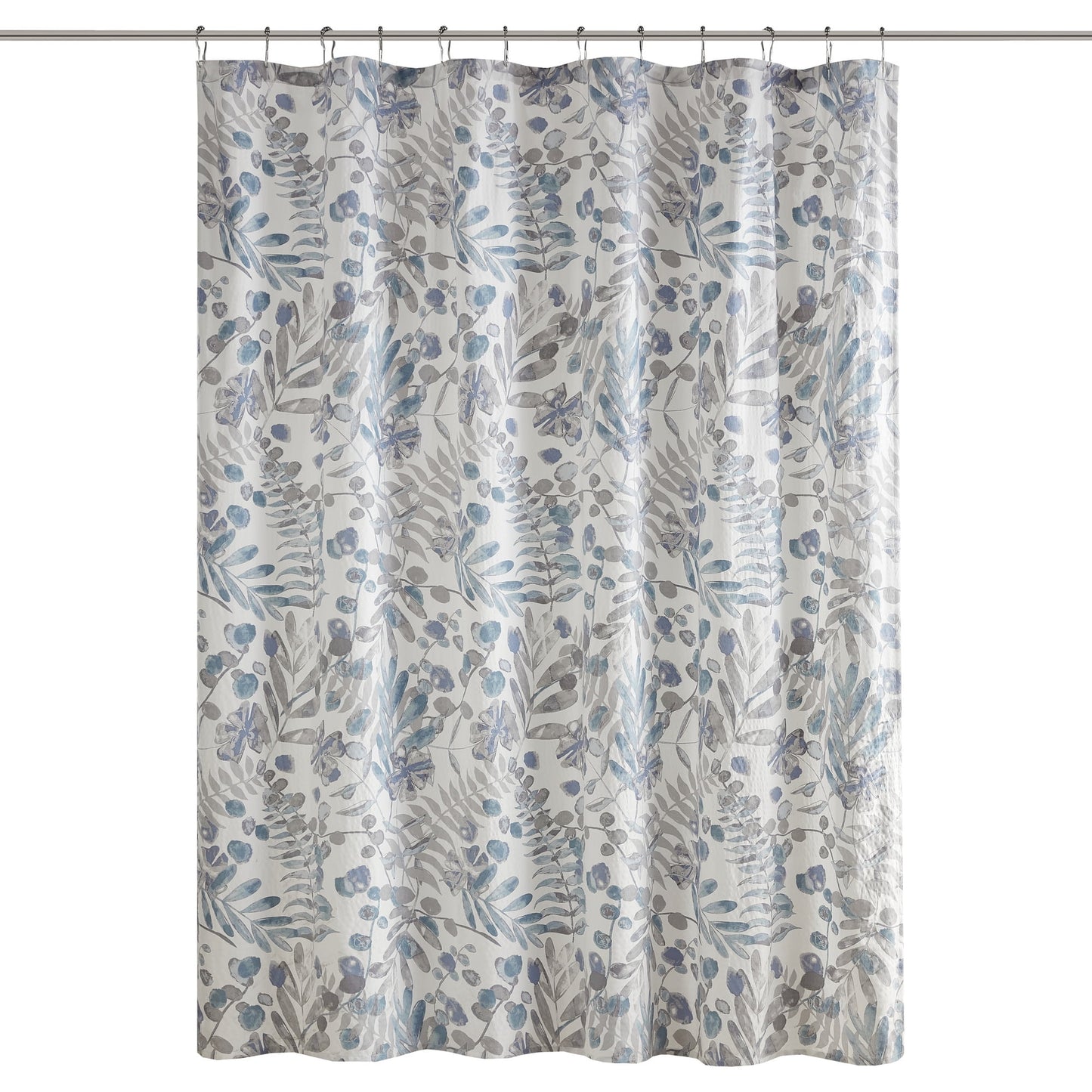 Blue Floral Shower Curtain with 12 Button Holes, Seersucker, 72" x 72"