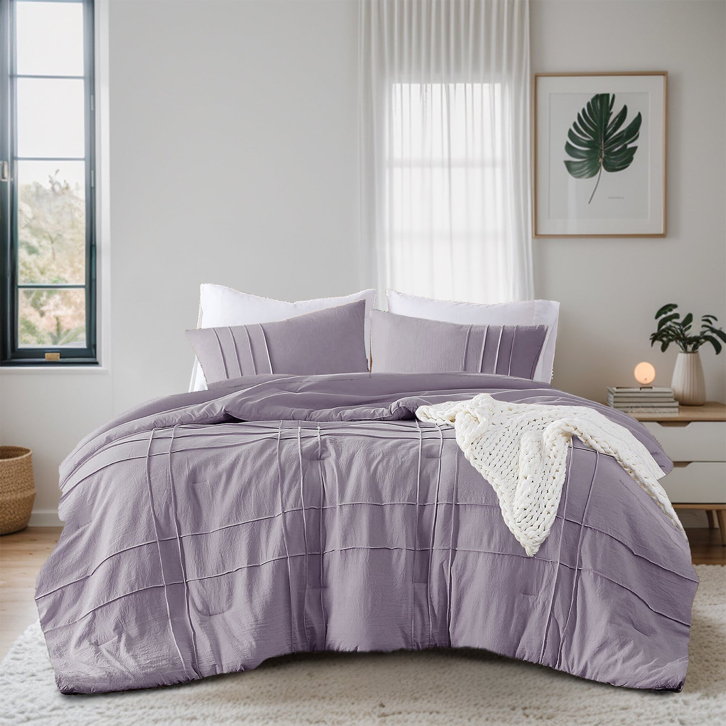 3-Piece Floral Puffy Bow Tie Bedding Set, Pink Comforter Set with Sham