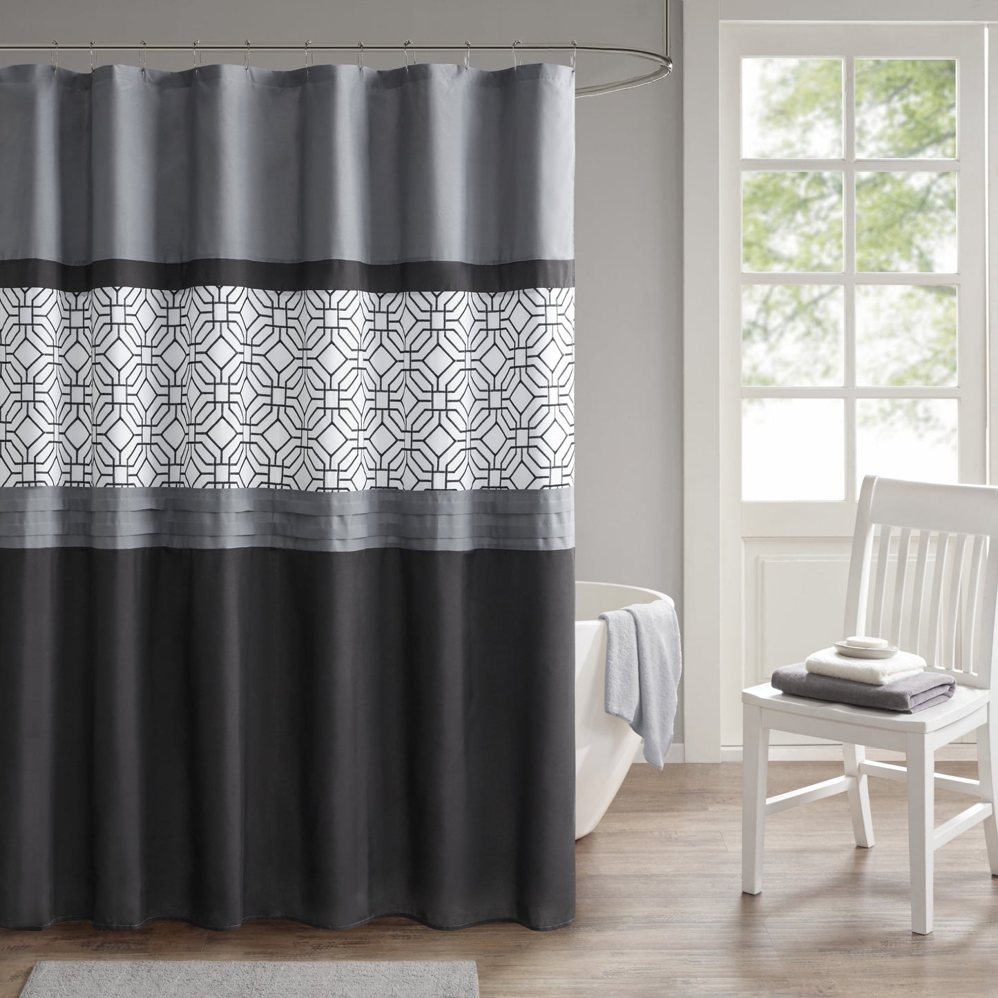 Embroidered Geometric Shower Curtain, Pintucked Pieced Pattern with Bold Color Blocking