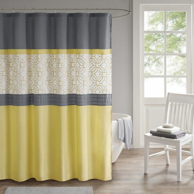 Embroidered Geometric Shower Curtain, Pintucked Pieced Pattern with Bold Color Blocking