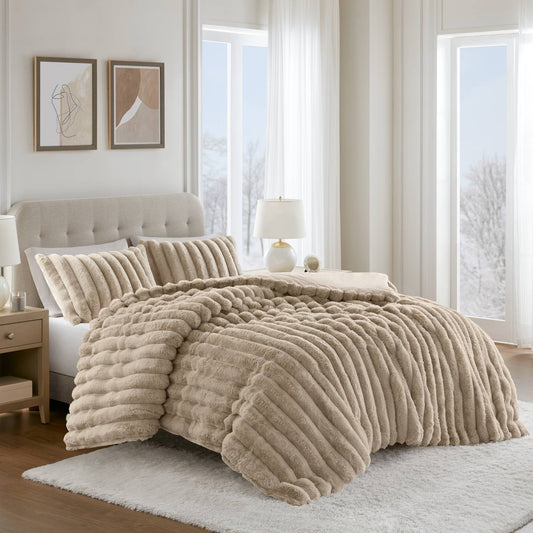 3-Piece Faux Fur Fluffy Ribbed Bedding Comforter Set