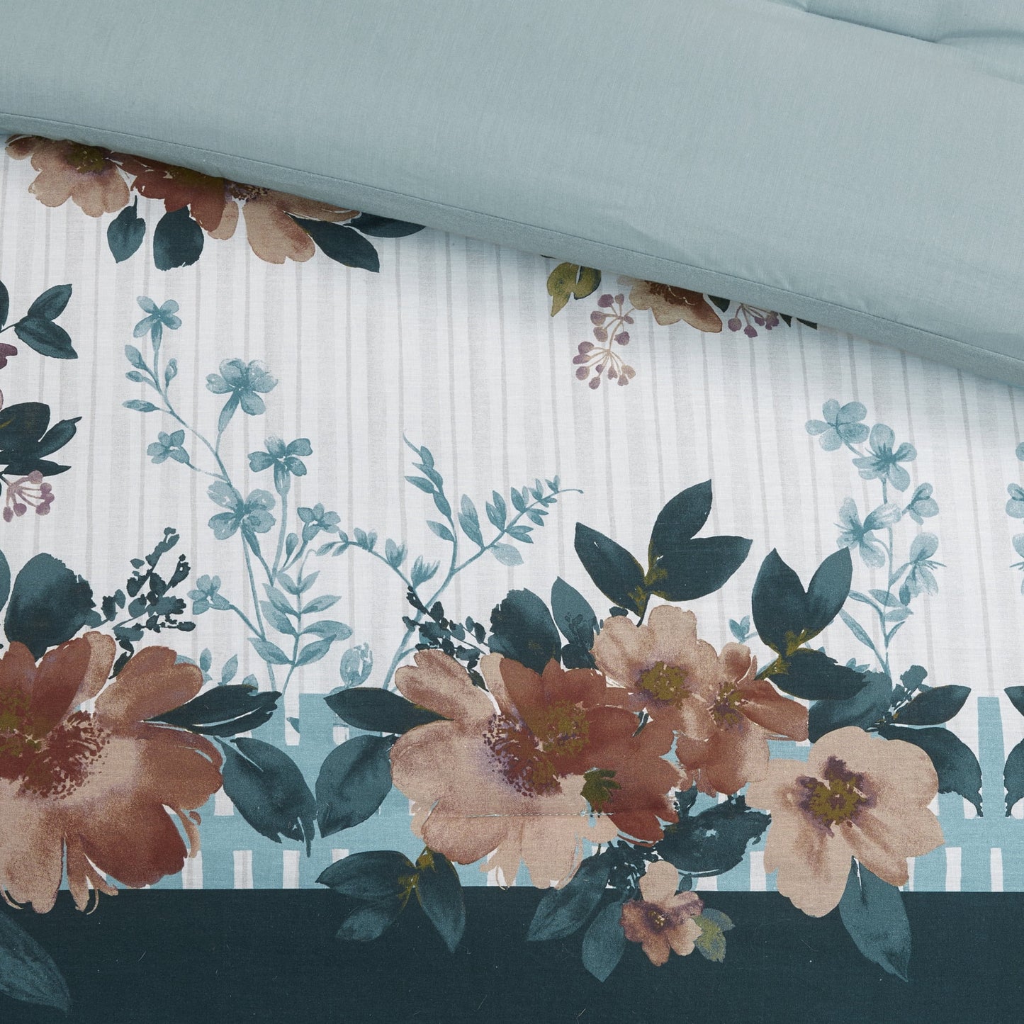 5 Piece Cotton Floral Comforter Set with Throw Pillows in Teal