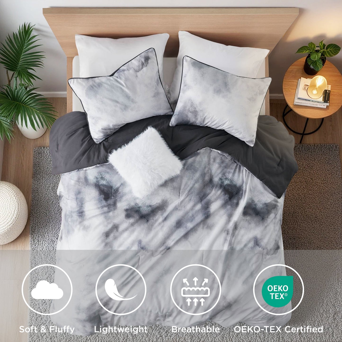 4 Piece Watercolor Tie Dye Printed Bedding Set, Comforter Set with Throw Pillow