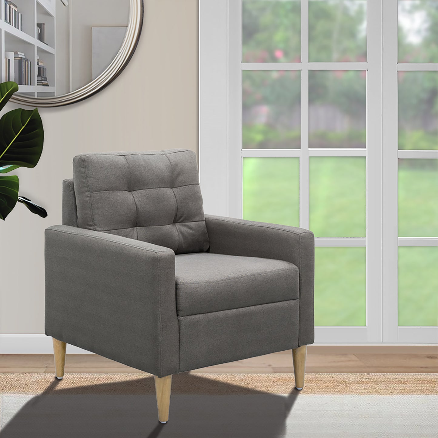 Wooden Accent Chair with Tufted Back and Attached Cushion