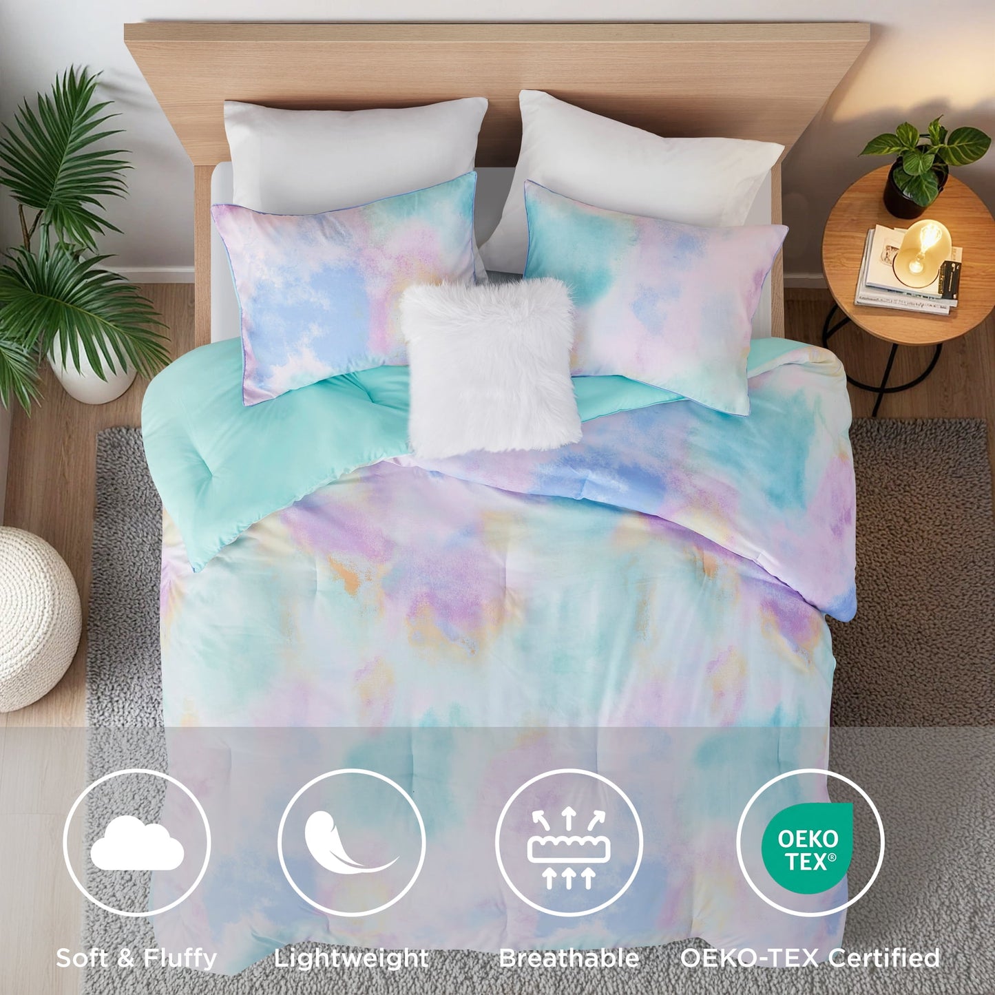 4 Piece Watercolor Tie Dye Printed Bedding Set, Comforter Set with Throw Pillow