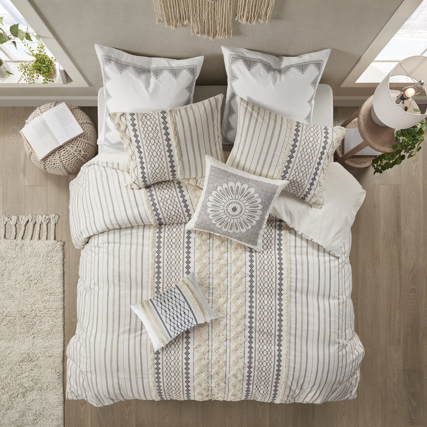 Oblong Embroidered Cotton Oblong Pillow with Tassels, Ivory