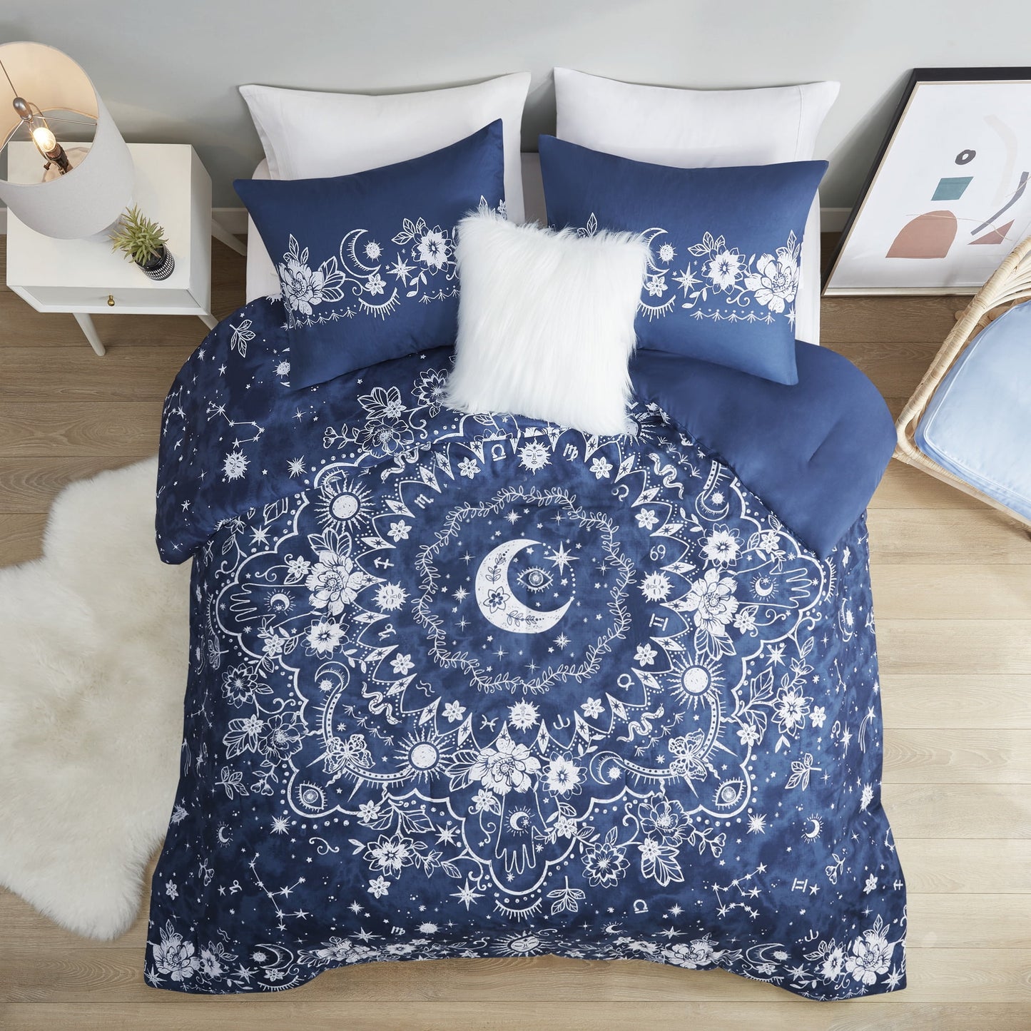 4-Piece Polyester Fabric Printed Comforter Set in Navy