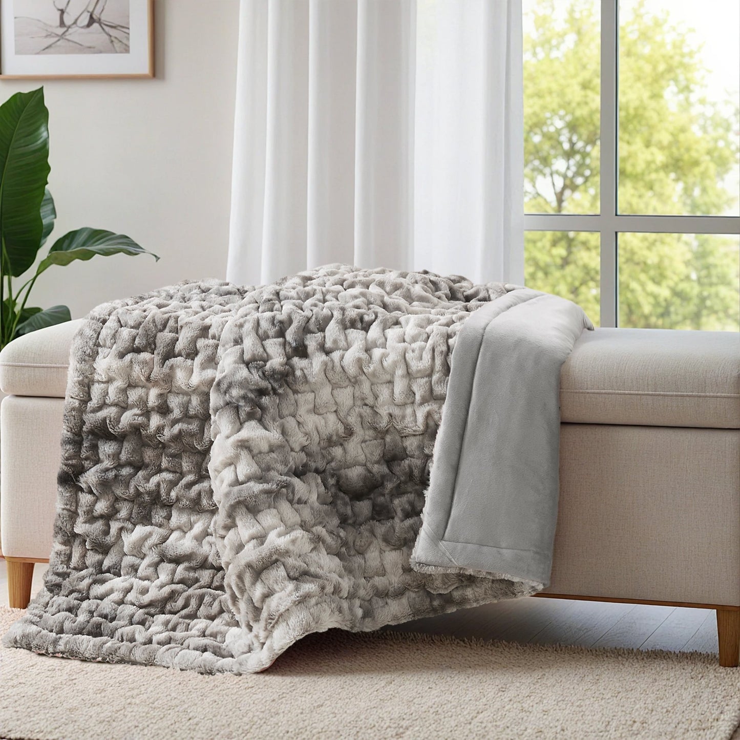 Extra Soft Fuzzy Faux Fur Ombre Reversible Throw Blanket